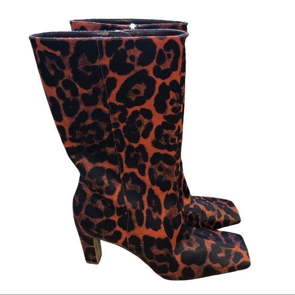 The Saddler | NWOB Mid Calf Red Leopard Print Satin Square Toe Boot - Size IT37 - Picture 1 of 8